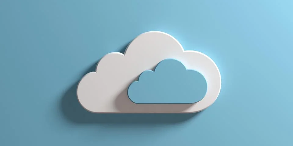 Cloud computing concept. Clouds isolated on blue wall background. 3d illustra Stock Illustration