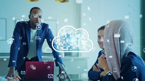 Cloud computing concept. Communication network. Group of multinational people in Stock Footage 165736731