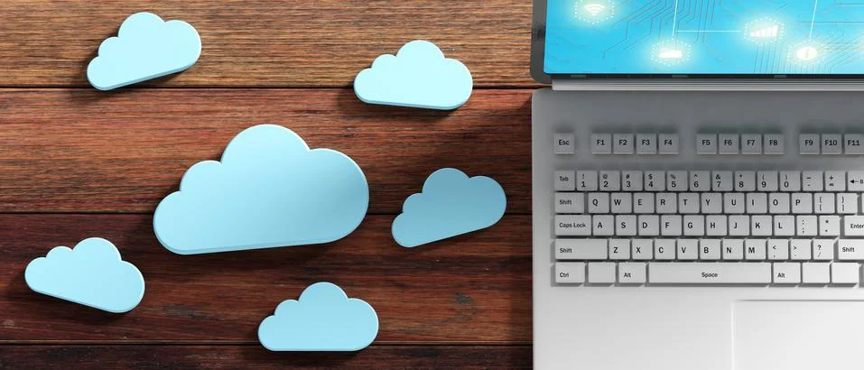 Cloud computing concept, Computer and blue clouds on wooden background, banne Stock Illustration