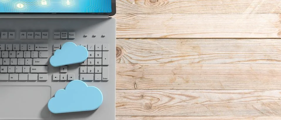 Cloud computing concept, Computer and blue clouds on wooden background, banne Stock Illustration