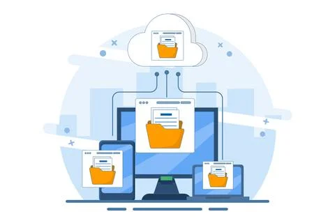 Cloud computing concept with computer monitor, laptop and smart phone device. Иллюстрация