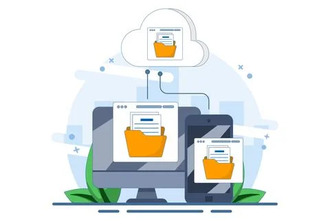 Cloud computing concept with computer monitor, laptop and smart phone device. Stock Illustration