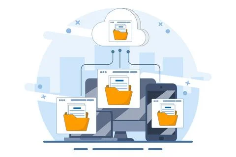 Cloud computing concept with computer monitor, laptop and smart phone device. Stock Illustration