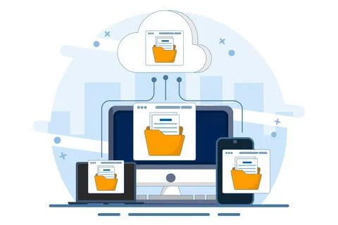 Cloud computing concept with computer monitor, laptop and smart phone device. Illustrazione stock