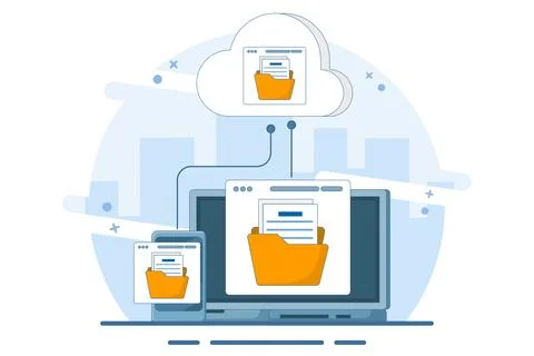 Cloud computing concept with computer monitor, laptop and smart phone device. Illustrazione stock