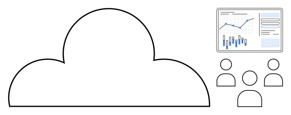 Cloud computing concept with data analytics presentation and user group icons Stockillustratie