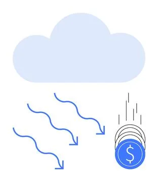 Cloud computing concept with data flow and coin stack representing revenue .. Stock Illustration