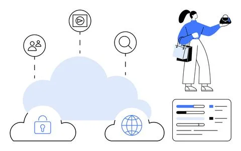 Cloud Computing Concept with Data Storage Icons and Woman Using Digital Devic 스톡 일러스트
