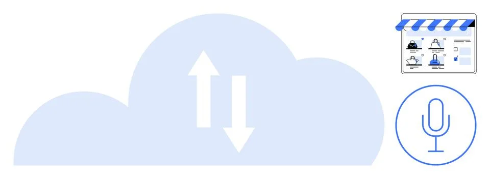 Cloud Computing Concept with Data Synchronization, Online Store, and Voice .. Illustrazione stock