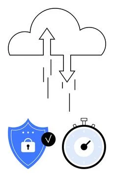 Cloud Computing Concept with Data Transfer, Security Shield, and Stopwatch .. 스톡 일러스트
