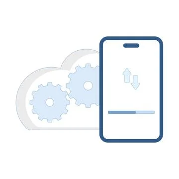 Cloud computing concept, data transfer, software update and mobile device setup. Illustrazione stock