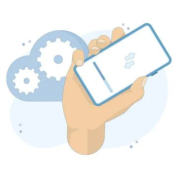 Cloud computing concept, data transfer, software update and mobile device setup. Illustrazione stock