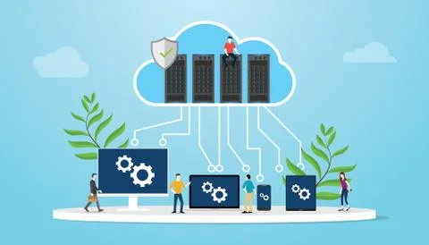 Cloud computing concept with database server and various media platform lapto Stock Illustration