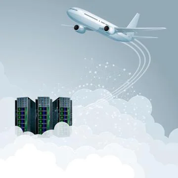 Cloud computing concept design. Aircraft and supercomputers. イラスト素材