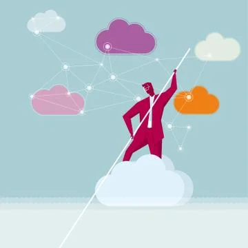 Cloud computing concept design. A businessman is rowing in the clouds. 库存插图
