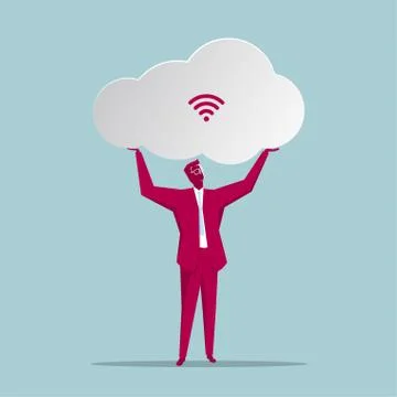 Cloud computing concept design. Businessman holds up cloud symbol. Illustrazione stock