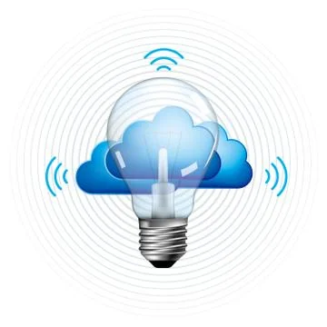 Cloud computing concept design. A combination of light bulbs and clouds. 库存插图