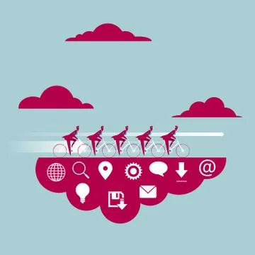 Cloud computing concept design. A group of businessmen riding bicycles. Stock Illustration