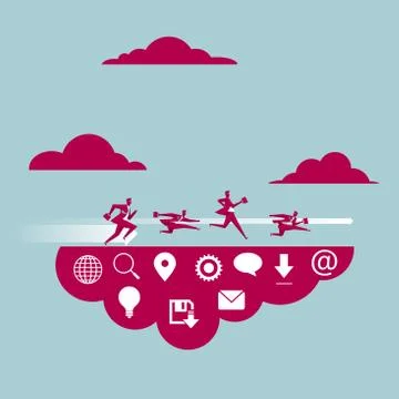 Cloud computing concept design. A group of businessmen are running. Stock Illustration