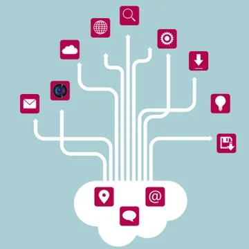 Cloud computing concept design. Isolated on blue background. Illustrazione stock