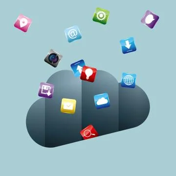 Cloud computing concept design. Isolated on blue background. Illustrazione stock