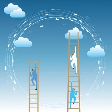 Cloud computing concept design. Two businessmen climb the clouds from the ladder 스톡 일러스트