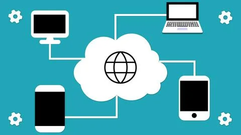 Cloud computing concept with devices connected to a cloud on a colorful bac.. Illustrazione stock