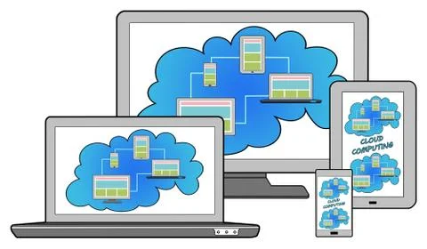 Cloud computing concept on different devices 스톡 일러스트