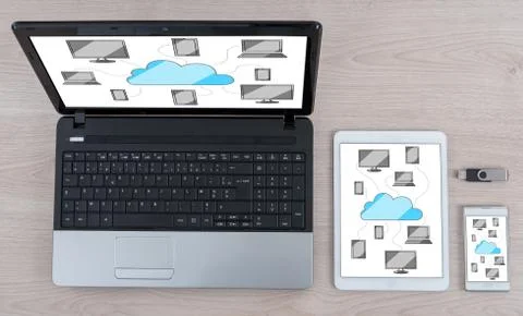 Cloud computing concept on different devices Stock Photos