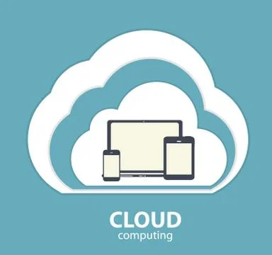 Cloud Computing Concept on Different Electronic Devices. Vector Illustrazione stock