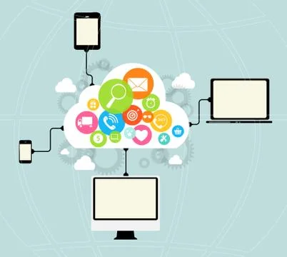 Cloud Computing Concept on Different Electronic Devices. Vector 스톡 일러스트
