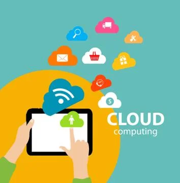 Cloud Computing Concept on Different Electronic Devices. Vector Stock Illustration