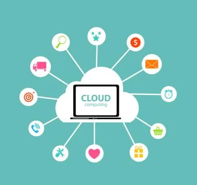 Cloud Computing Concept on Different Electronic Devices. Vector Illustrazione stock