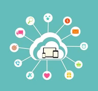 Cloud Computing Concept on Different Electronic Devices. Vector Illustrazione stock