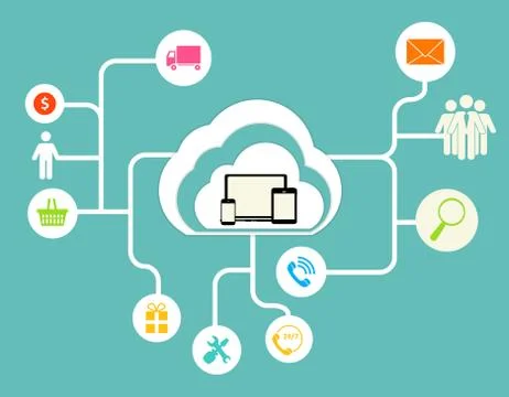 Cloud Computing Concept on Different Electronic Devices. Vector Illustrazione stock