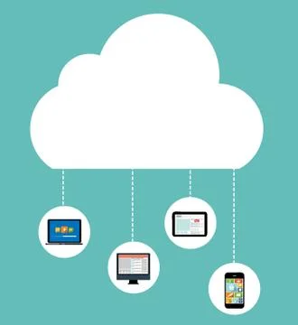 Cloud Computing Concept on Different Electronic Devices. Vector Illustrazione stock