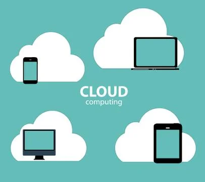 Cloud Computing Concept on Different Electronic Devices. Vector Illustrazione stock