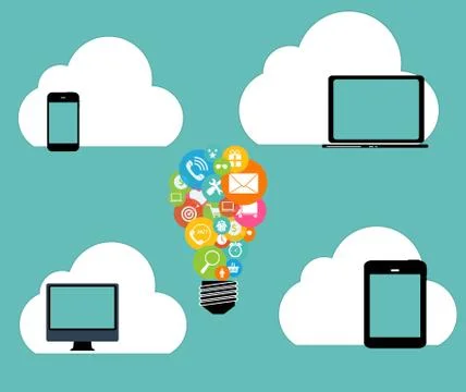Cloud Computing Concept on Different Electronic Devices. Vector Stock Illustration