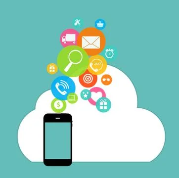 Cloud Computing Concept on Different Electronic Devices. Vector Illustrazione stock