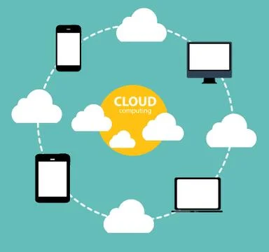 Cloud Computing Concept on Different Electronic Devices. Vector Stock Illustration