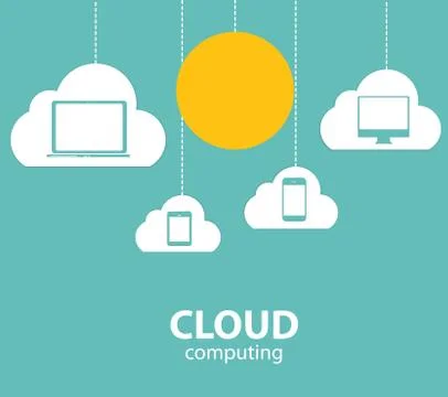 Cloud Computing Concept on Different Electronic Devices. Vector Illustrazione stock