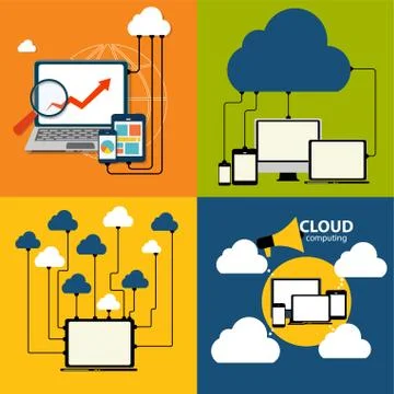 Cloud Computing Concept on Different Electronic Devices. Vector 스톡 일러스트