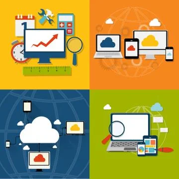 Cloud Computing Concept on Different Electronic Devices. Vector 스톡 일러스트