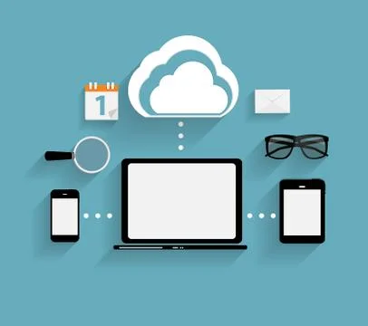 Cloud Computing Concept on Different Electronic Devices. Vector Stock Illustration