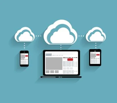 Cloud Computing Concept on Different Electronic Devices. Vector Stock Illustration
