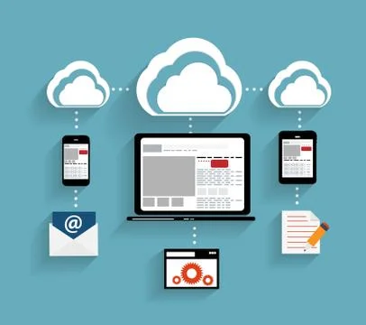 Cloud Computing Concept on Different Electronic Devices. Vector 스톡 일러스트