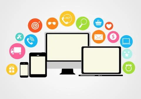 Cloud Computing Concept on Different Electronic Devices. Vector Stock Illustration