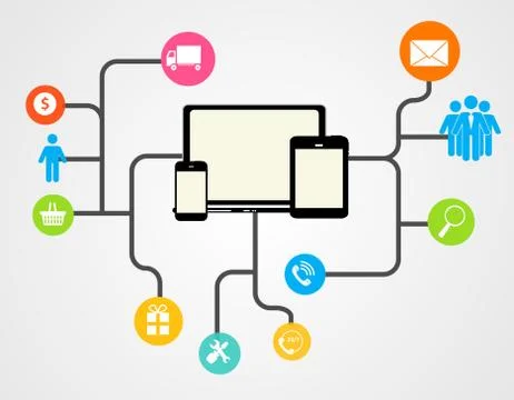 Cloud Computing Concept on Different Electronic Devices. Vector Illustrazione stock