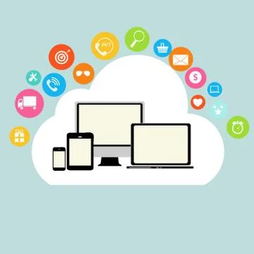 Cloud Computing Concept on Different Electronic Devices. Vector Stock Illustration