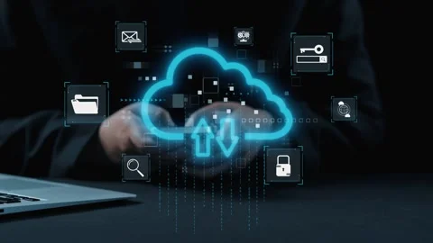 Cloud computing concept with digital icons representing data security, online Stock Footage 310332617
